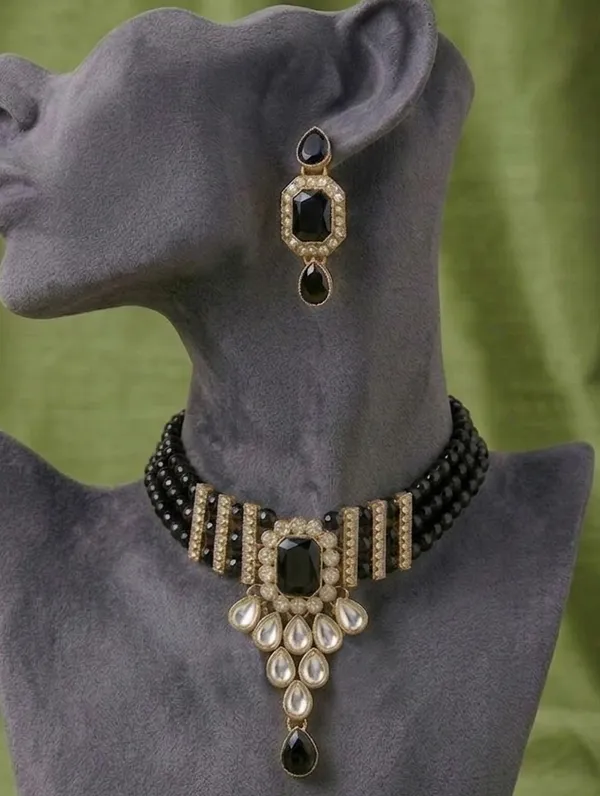 Viva_Jewels_Kundan_Choker_Set_–_Gold-Plated_Statement_Necklace_with_Quad-Strand_Black_Beads,_Emerald-Cut_Centerpiece,_and_Matching_Drop_Earrings