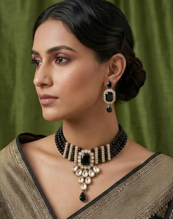 Viva_Jewels_Kundan_Choker_Set_–_Gold-Plated_Statement_Necklace_with_Quad-Strand_Black_Beads,_Emerald-Cut_Centerpiece,_and_Matching_Drop_Earrings