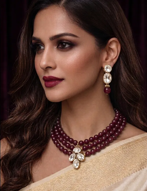 Viva_Jewels_Luxury_Three-Strand_Deep_Maroon_Beaded_Choker_Set_–_Gold-Plated_Oval_Kundan_Crystal_Cluster_Statement_Necklace_&_Coordinating_Drop_Earrings_Combo