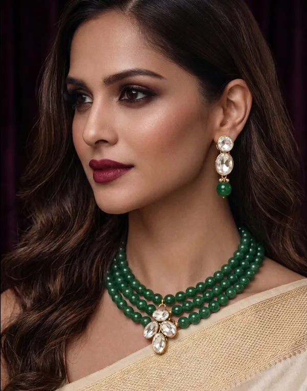 Viva_Jewels_Luxury_Three-Strand_Emerald_Green_Beaded_Choker_Set_–_Gold-Plated_Oval_Crystal_Cluster_Statement_Necklace_&_Coordinating_Drop_Earrings_Combo