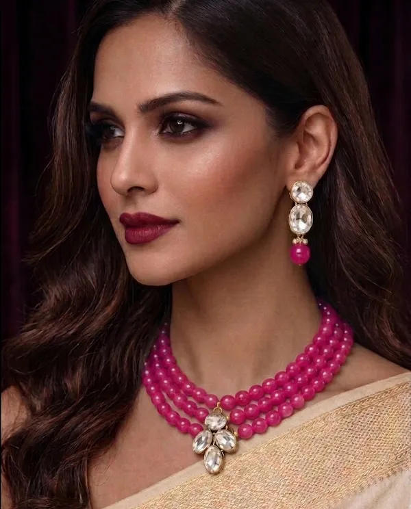 Viva_Jewels_Luxury_Three-Strand_Rani_Pink_Beaded_Choker_Set_–_Gold-Plated_Oval_Crystal_Cluster_Statement_Necklace_&_Coordinating_Drop_Earrings_Combo