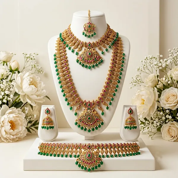 Viva_Jewels_Majestic_Matte_Gold_Plated_Kemp_&_Green_Bead_South_Indian_Bridal_Jewellery_Set_–_Full_Combo_Necklace,_Waist_Belt_&_Headpiece_Collection