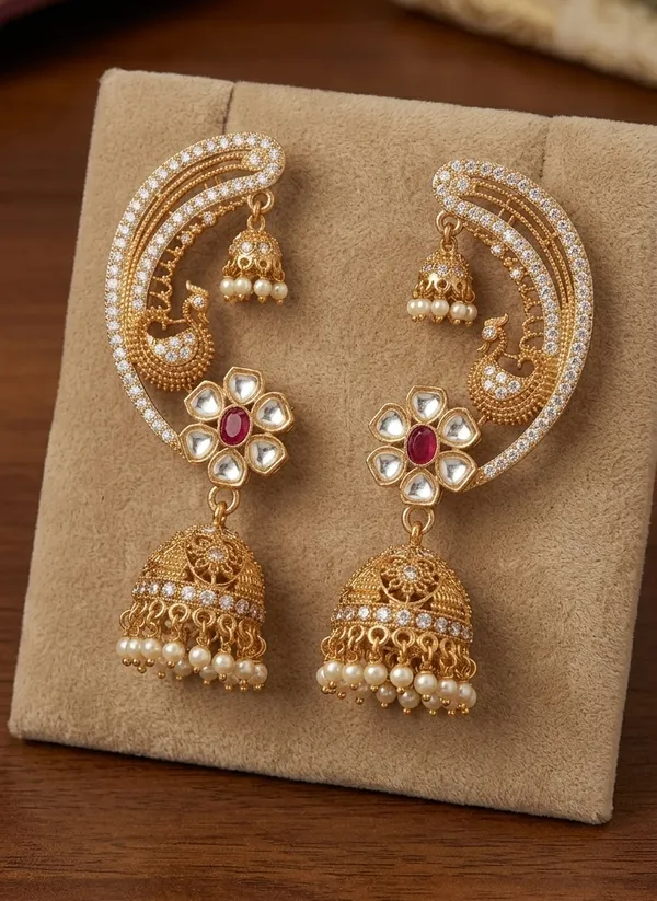 Viva_Jewels_Majestic_Peacock_Ear-Cuff_Jhumkas_–_Gold-Plated_Heritage_Ear-Wraps_with_Kundan_Floral_Centers,_Ruby_Accents,_and_Pearl_Droplets
