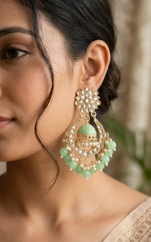 Viva_Jewels_Mint_Radiance_Chandbalis_–_Gold-Plated_Kundan_Earrings_with_Inner_Mint_Meenakari_Jhumka_and_Pastel_Bead_Fringe