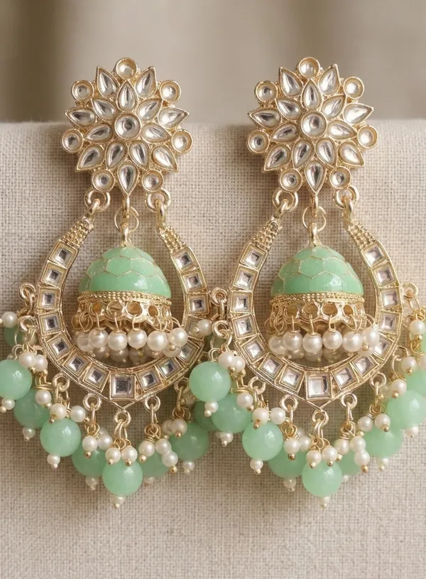 Viva_Jewels_Mint_Radiance_Chandbalis_–_Gold-Plated_Kundan_Earrings_with_Inner_Mint_Meenakari_Jhumka_and_Pastel_Bead_Fringe