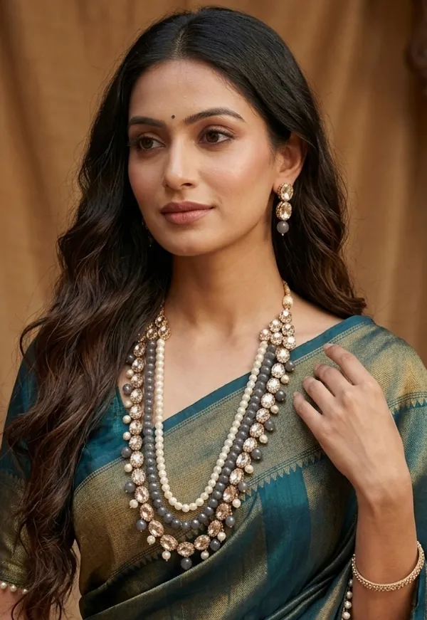 Viva_Jewels_Onyx_Radiance_Necklace_Set_–_Gold-Plated_Statement_Single-Strand_Gray_Bead_Necklace_with_Geometric_Kundan_Pendant_and_Matching_Drop_Earrings