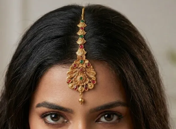 Viva_Jewels_Ornate_Floral_Antique_Gold-Plated_Maang_Tikka_–_Heritage_Kemp_Stone_Forehead_Accessory_with_Embedded_Textured_Chain