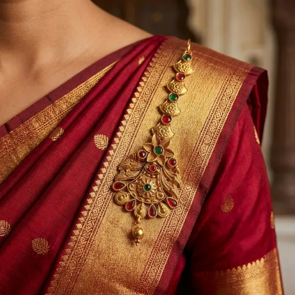 Viva_Jewels_Ornate_Floral_Antique_Gold-Plated_Maang_Tikka_–_Heritage_Kemp_Stone_Forehead_Accessory_with_Embedded_Textured_Chain
