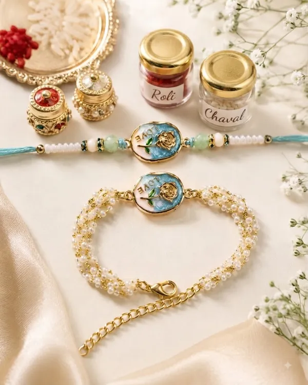 Viva_Jewels_Pastel_Rose_"LOVE"_Bhaiya_Bhabhi_Rakhi_Set_–_Handcrafted_Blue_&_Pink_Enamel_Rose_Rakhi_&_Multi-Strand_Pearl_Lumba_Set_with_Roli_Chaval_Jars