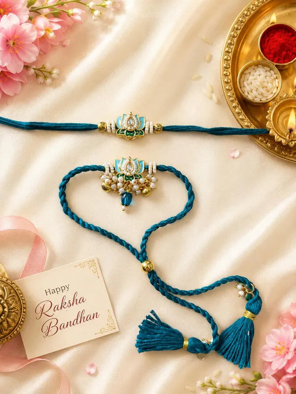 Viva_Jewels_Peacock_Blue_Lotus_Meenakari_Bhaiya_Bhabhi_Rakhi_Set_–_Kundan_Lotus_Rakhi_&_Hanging_Tassel_Pearl_Lumba_Combo