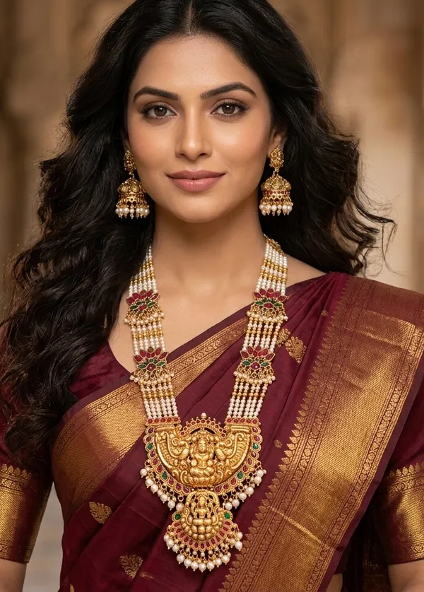 Viva_Jewels_Premium_Antique_Gold_Multi-Strand_Pearl_Temple_Haram_Set_with_Divine_Lakshmi_Double_Pendant_and_Matching_Jhumkas