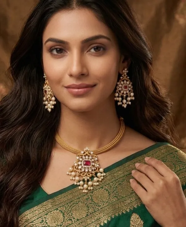 Viva_Jewels_Regal_Antique_Gold_Multi-Strand_Choker_Set_–_Floral_Kemp_Pendant_with_Cascading_Pearl_Clusters_and_Matching_Dangle_Earrings