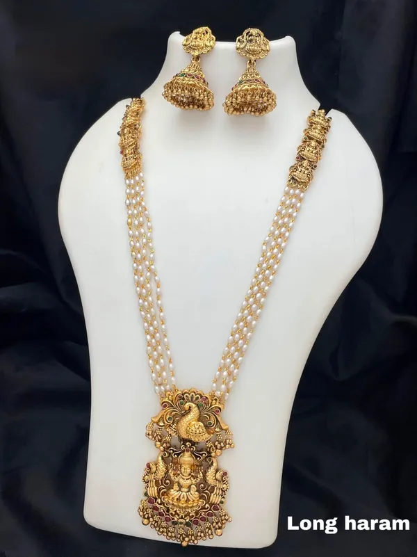 Viva_Jewels_Regal_Antique_Gold-Plated_Peacock_&_Lakshmi_Temple_Haram_Set_–_Multi-Strand_Pearl_Mala_with_Heritage_Deity_Pendant_and_Jhumkas
