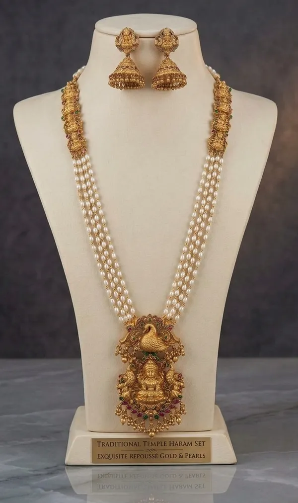 Viva_Jewels_Regal_Antique_Gold-Plated_Peacock_&_Lakshmi_Temple_Haram_Set_–_Multi-Strand_Pearl_Mala_with_Heritage_Deity_Pendant_and_Jhumkas