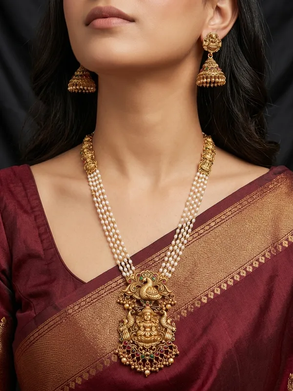 Viva_Jewels_Regal_Antique_Gold-Plated_Peacock_&_Lakshmi_Temple_Haram_Set_–_Multi-Strand_Pearl_Mala_with_Heritage_Deity_Pendant_and_Jhumkas