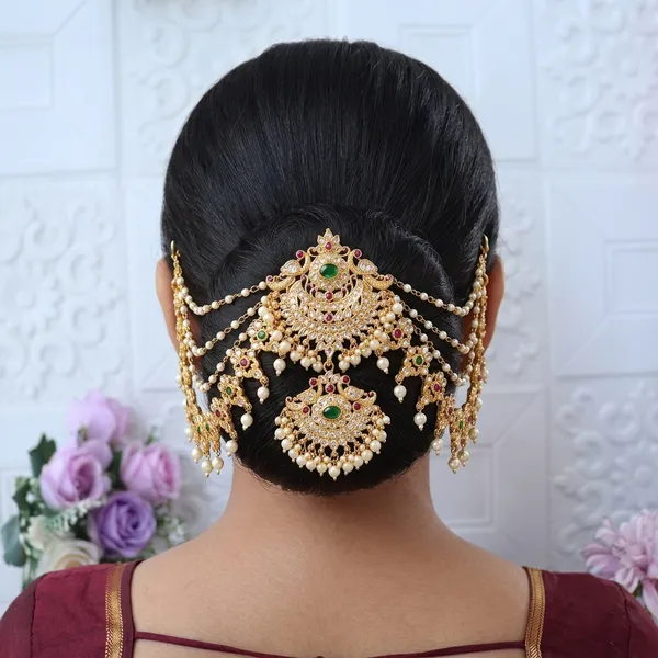Viva_Jewels_Regal_Antique_Gold_Temple_Hair_Extension_Brooch_Set_–_Multi-Layered_Pearl_Hair_Chain_(Kesh_alankar_/_Damini_Hair_Accessory)