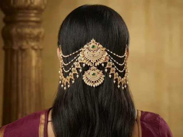Viva_Jewels_Regal_Antique_Gold_Temple_Hair_Extension_Brooch_Set_–_Multi-Layered_Pearl_Hair_Chain_(Kesh_alankar_/_Damini_Hair_Accessory)