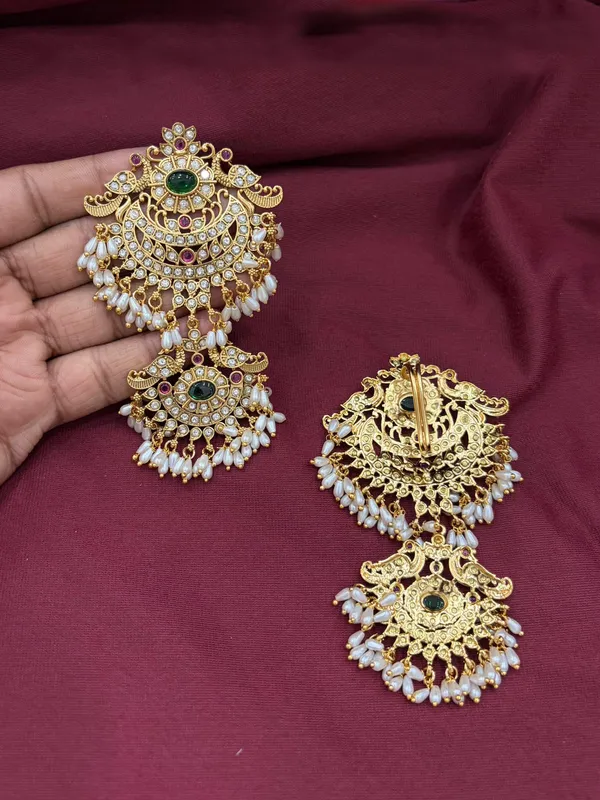 Viva_Jewels_Regal_Antique_Gold_Temple_Hair_Extension_Brooch_Set_–_Multi-Layered_Pearl_Hair_Chain_(Kesh_alankar_/_Damini_Hair_Accessory)