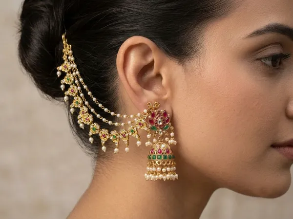 Viva_Jewels_Regal_Antique_Gold_Temple_Jhumka_Earrings_with_Multi-Layered_Pearl_Sahare_/_Ear_Chain_(Bahubali_Earrings)