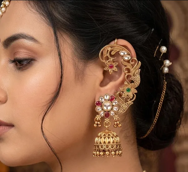 Viva_Jewels_Regal_Filigree_Ear-Cuff_Jhumka_–_Antique_Gold-Plated_Full-Ear_Crawler_with_Intricate_Floral_Engravings,_Ruby-Emerald_Accents,_and_Matching_Maang_Tikka_Set