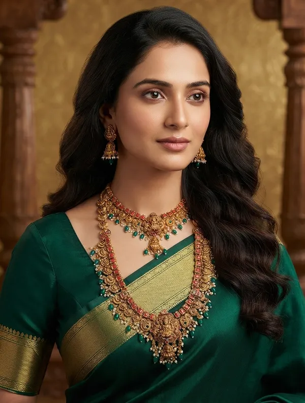 Viva_Jewels_Regal_Goddess_Lakshmi_Antique_Gold_Temple_Combo_Set_–_Traditional_Choker,_Long_Haram_Necklace_&_Statement_Earrings_with_Green_Beads