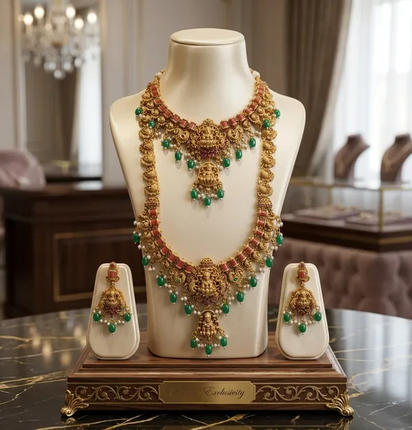 Viva_Jewels_Regal_Goddess_Lakshmi_Antique_Gold_Temple_Combo_Set_–_Traditional_Choker,_Long_Haram_Necklace_&_Statement_Earrings_with_Green_Beads