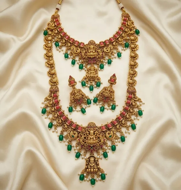 Viva_Jewels_Regal_Goddess_Lakshmi_Antique_Gold_Temple_Combo_Set_–_Traditional_Choker,_Long_Haram_Necklace_&_Statement_Earrings_with_Green_Beads