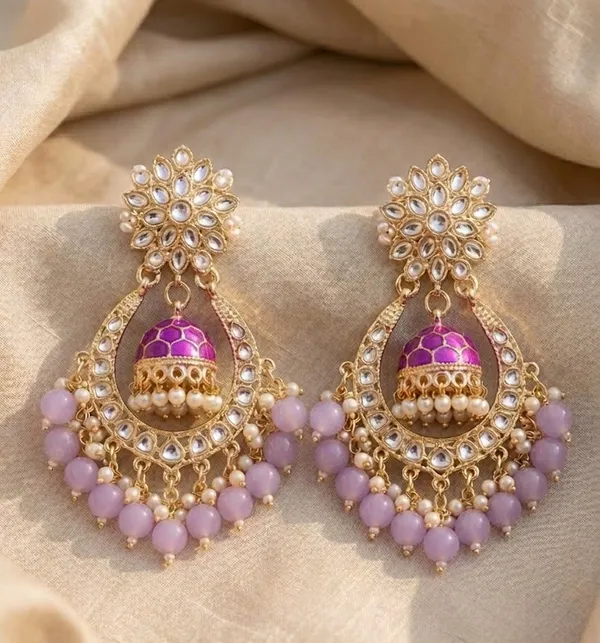 Viva_Jewels_Regal_Lavender_Meenakari_Jhumka_Earrings_–_Gold-Plated_Chandbali_Drops_with_Kundan_&_Lilac_Bead_Clusters