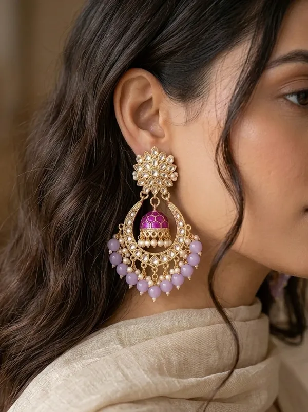 Viva_Jewels_Regal_Lavender_Meenakari_Jhumka_Earrings_–_Gold-Plated_Chandbali_Drops_with_Kundan_&_Lilac_Bead_Clusters