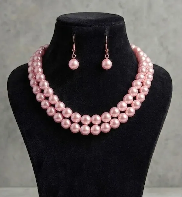 Viva_Jewels_Regal_Light_Pink_Beaded_Necklace_Set_–_Elegant_Double-Strand_Pastel_Pink_Pearl_Necklace_with_Matching_Drop_Earrings