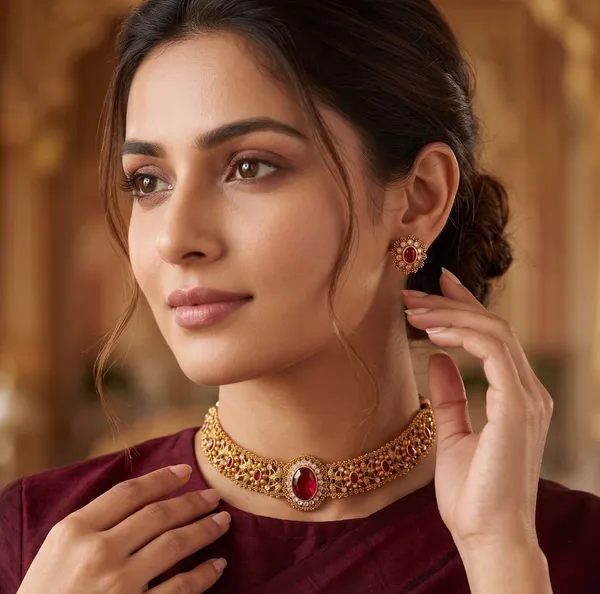 Viva_Jewels_Regal_Maroon_&_Gold_Heritage_Choker_–_22K_Gold-Plated_Traditional_Collar_Necklace_with_Oval_Ruby-Style_Centerpiece_and_Matching_Stud_Earrings