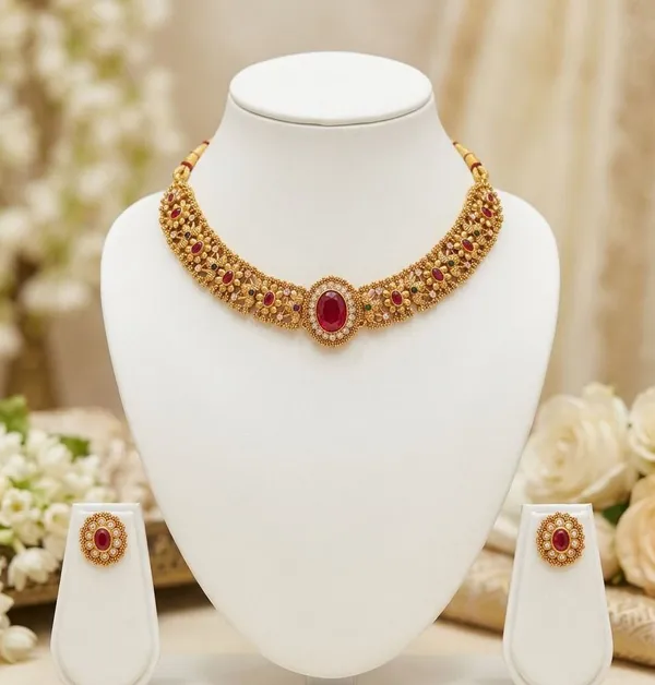 Viva_Jewels_Regal_Maroon_&_Gold_Heritage_Choker_–_22K_Gold-Plated_Traditional_Collar_Necklace_with_Oval_Ruby-Style_Centerpiece_and_Matching_Stud_Earrings