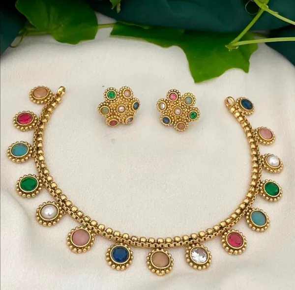 Viva_Jewels_Regal_Multi-Color_Navratna_Style_Antique_Gold-Plated_Choker_Set_–_Pastel_Stone_and_Pearl_Cluster_Necklace_with_Matching_Floral_Stud_Earrings_for_Weddings_&_Festivals