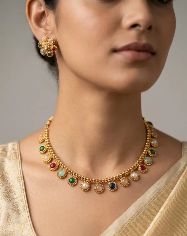 Viva_Jewels_Regal_Multi-Color_Navratna_Style_Antique_Gold-Plated_Choker_Set_–_Pastel_Stone_and_Pearl_Cluster_Necklace_with_Matching_Floral_Stud_Earrings_for_Weddings_&_Festivals