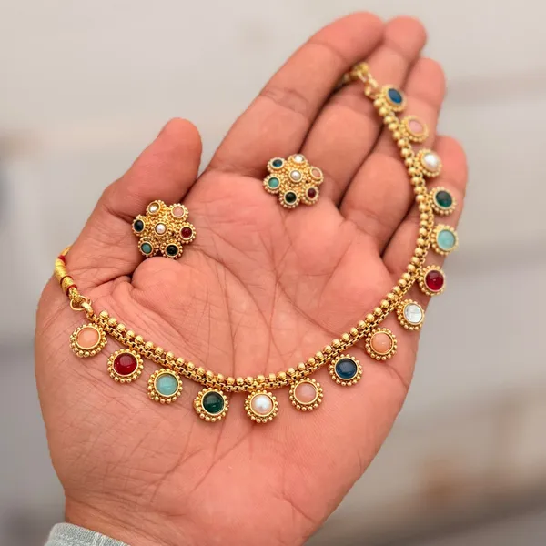Viva_Jewels_Regal_Multi-Color_Navratna_Style_Antique_Gold-Plated_Choker_Set_–_Pastel_Stone_and_Pearl_Cluster_Necklace_with_Matching_Floral_Stud_Earrings_for_Weddings_&_Festivals