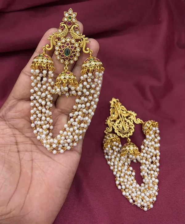 Viva_Jewels_Regal_Peacock_Temple_Antique_Gold_Hair_Extension_Set_–_Multi-Layered_Pearl_Side_Chains_with_Cascading_Braid_Tassels_(Kesh_Alankar)