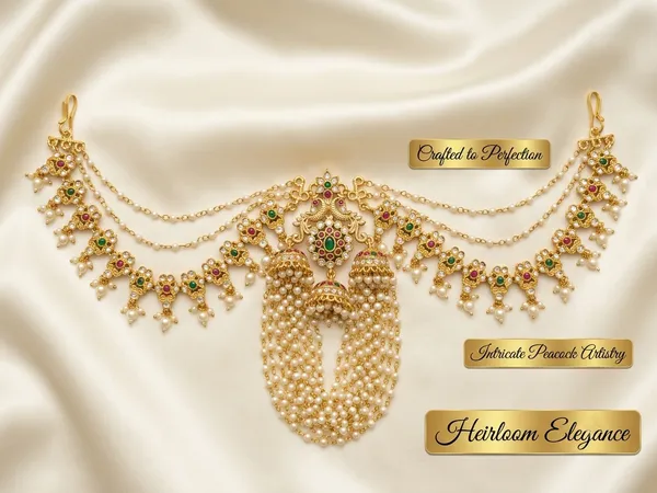 Viva_Jewels_Regal_Peacock_Temple_Antique_Gold_Hair_Extension_Set_–_Multi-Layered_Pearl_Side_Chains_with_Cascading_Braid_Tassels_(Kesh_Alankar)