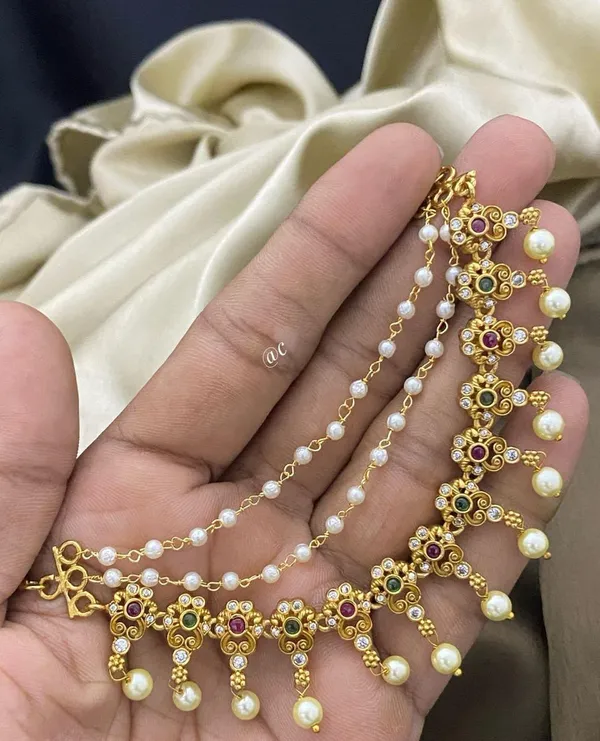 Viva_Jewels_Regal_Peacock_Temple_Antique_Gold_Hair_Extension_Set_–_Multi-Layered_Pearl_Side_Chains_with_Cascading_Braid_Tassels_(Kesh_Alankar)