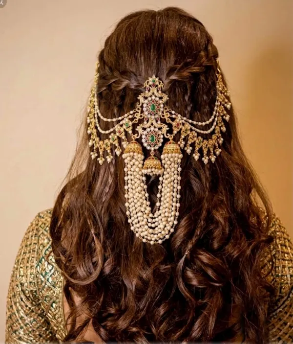 Viva_Jewels_Regal_Peacock_Temple_Antique_Gold_Hair_Extension_Set_–_Multi-Layered_Pearl_Side_Chains_with_Cascading_Braid_Tassels_(Kesh_Alankar)