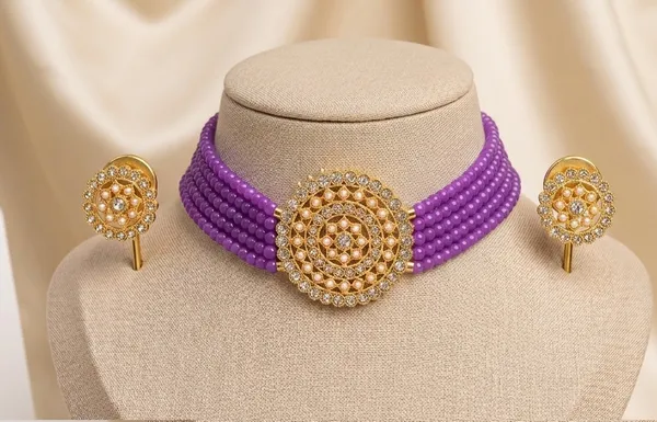 Viva_Jewels_Regal_Pearl_Choker_Set_–_Premium_Gold-Plated_CZ_Mandala_Necklace_with_Vibrant_Purple_Multi-Strand_Beadwork_&_Matching_Studs