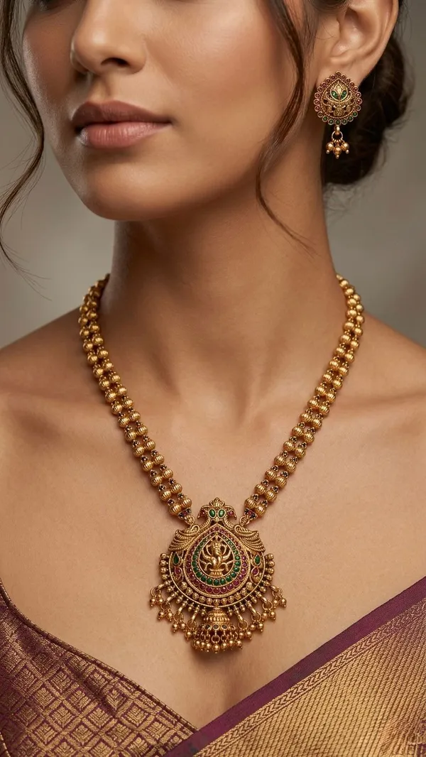 Viva_Jewels_Regal_Temple_Long_Haram_–_Antique_Gold-Plated_Long_Necklace_with_Grand_Floral_Medallion_Pendant,_Kemp_Stone_Accents,_and_Matching_Statement_Studs