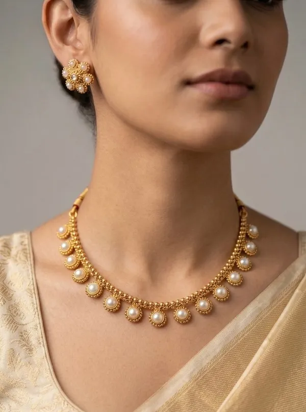Viva_Jewels_Regal_White_Shell_Pearl_Antique_Gold-Plated_Choker_Set_–_Classic_Minimalist_Circular_Pearl_Motif_Necklace_with_Matching_Floral_Stud_Earrings_for_Weddings_&_Festive_Glamour