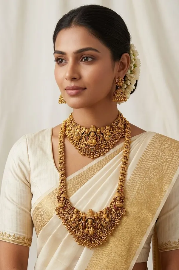 Viva_Jewels_Royal_Antique_Gold-Plated_Goddess_Lakshmi_Temple_Combo_Set_–_Exquisite_Nakshi_Work_Choker,_Long_Haram_Necklace_&_Matching_Jhumkas_Bridal_Jewelry_Set
