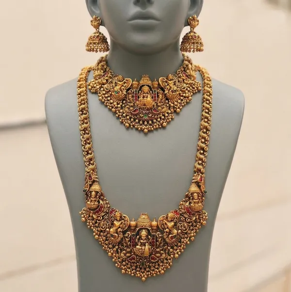 Viva_Jewels_Royal_Antique_Gold-Plated_Goddess_Lakshmi_Temple_Combo_Set_–_Exquisite_Nakshi_Work_Choker,_Long_Haram_Necklace_&_Matching_Jhumkas_Bridal_Jewelry_Set