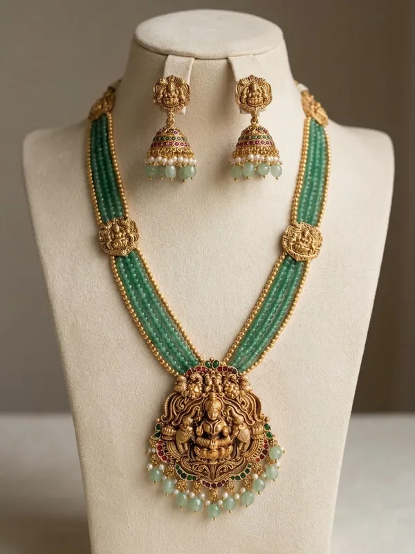 Viva_Jewels_Royal_Antique_Gold-Plated_Goddess_Lakshmi_Temple_Haram_Set_–_Multi-Strand_Mint_Green_Beaded_Long_Necklace_with_Nakshi_Pendant_and_Matching_Jhumka_Earrings