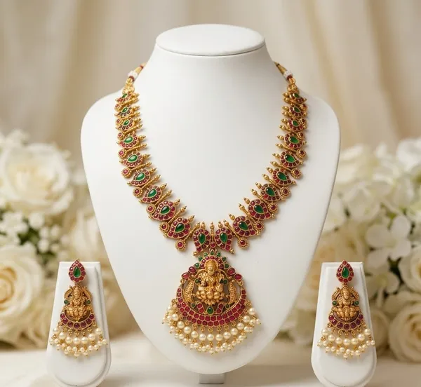 Viva_Jewels_Royal_Antique_Gold-Plated_Goddess_Lakshmi_Temple_Necklace_Set_–_Exquisite_Kemp_Stone_Nakshi_Chandelier_Pendant_with_Matching_Pearl-Fringed_Earrings