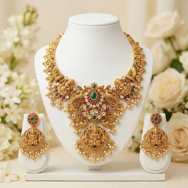 Viva_Jewels_Royal_Antique_Gold-Plated_Goddess_Lakshmi_Temple_Necklace_Set_–_Premium_Nakshi_Work_Multi-Stone_Choker_with_Peacock_Motifs_and_Matching_Jhumka_Earrings_for_Bridal_&_Festive_Wear