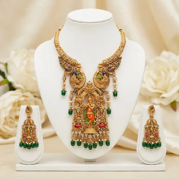 Viva_Jewels_Royal_Antique_Gold-Plated_Lord_Krishna_Temple_Necklace_Set_–_Exquisite_Nakshi_Work_Pendant_with_Peacock_Motifs,_Green_Bead_Accents,_and_Matching_Earrings_for_Bridal_&_Festive_Wear
