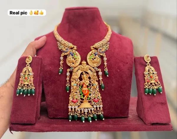Viva_Jewels_Royal_Antique_Gold-Plated_Lord_Krishna_Temple_Necklace_Set_–_Exquisite_Nakshi_Work_Pendant_with_Peacock_Motifs,_Green_Bead_Accents,_and_Matching_Earrings_for_Bridal_&_Festive_Wear