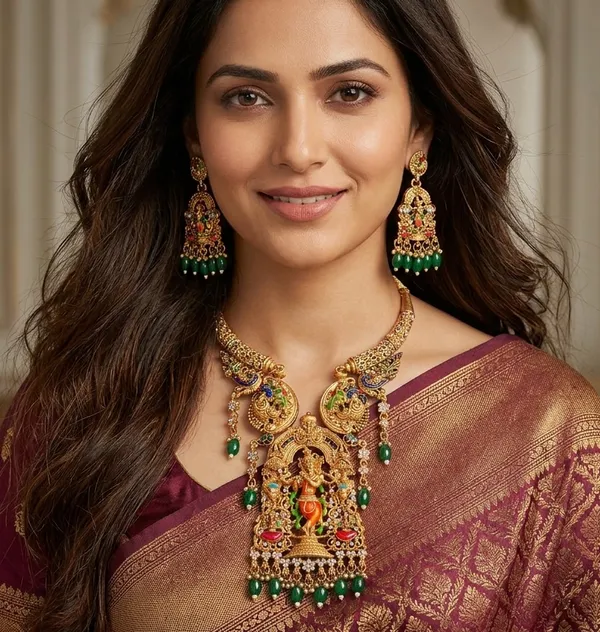 Viva_Jewels_Royal_Antique_Gold-Plated_Lord_Krishna_Temple_Necklace_Set_–_Exquisite_Nakshi_Work_Pendant_with_Peacock_Motifs,_Green_Bead_Accents,_and_Matching_Earrings_for_Bridal_&_Festive_Wear
